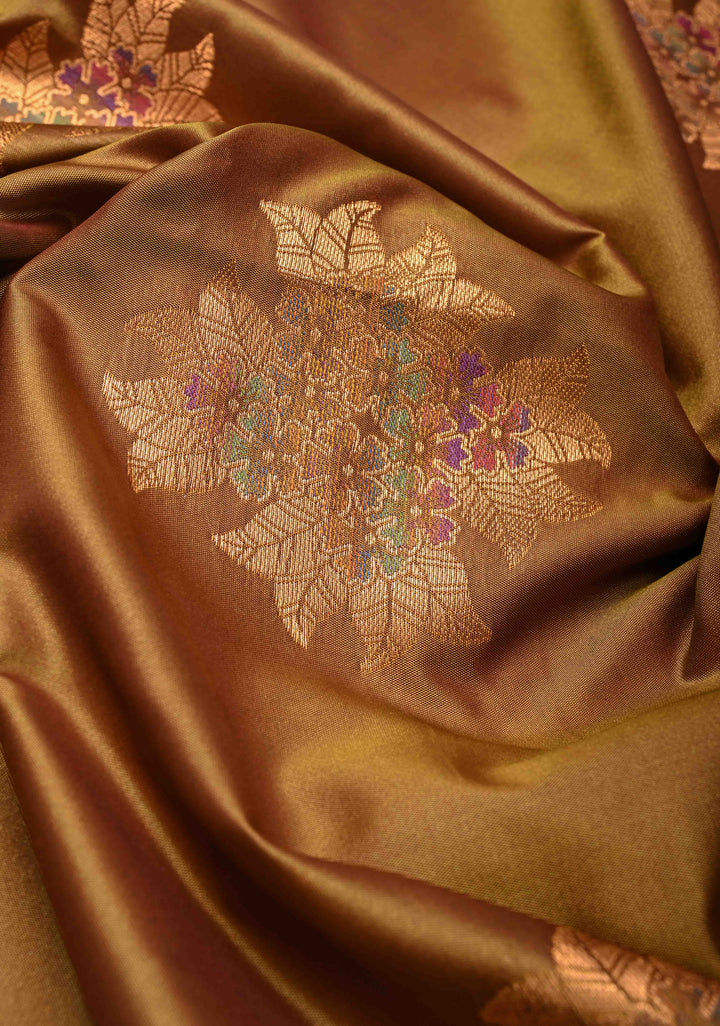 Golden- Brown Dual Tone Kanchi Semi Silk Saree with Floral Meenakari Buttas and Contrst Zari Border