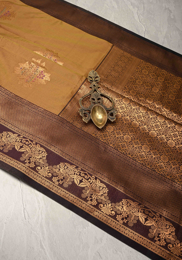 Golden- Brown Dual Tone Kanchi Semi Silk Saree with Floral Meenakari Buttas and Contrst Zari Border