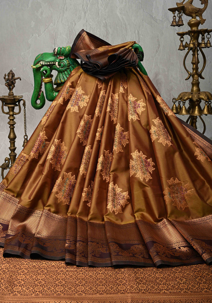 Golden- Brown Dual Tone Kanchi Semi Silk Saree with Floral Meenakari Buttas and Contrst Zari Border