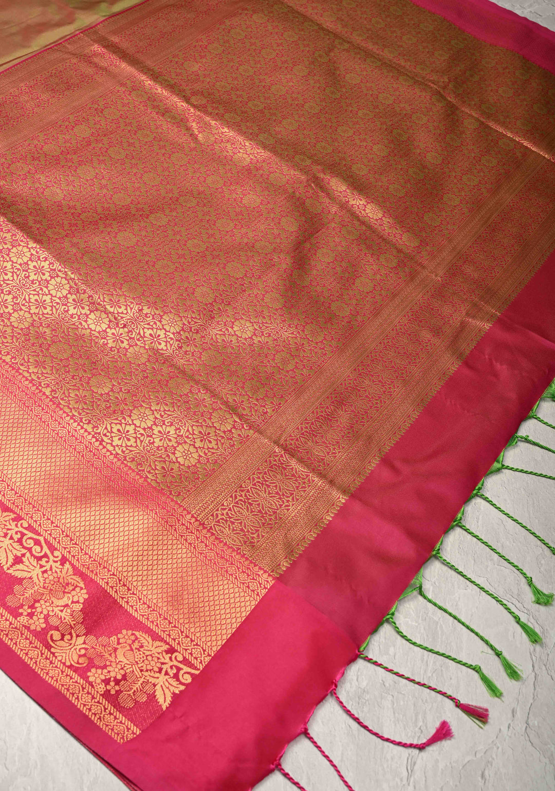 Parrot Green Dual Tone Kanchi Semi Silk Saree with Floral Meenakari Buttas and Contrst Zari Border