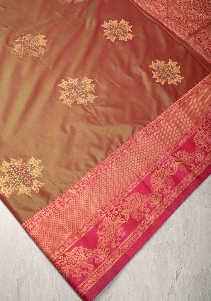 Parrot Green Dual Tone Kanchi Semi Silk Saree with Floral Meenakari Buttas and Contrst Zari Border