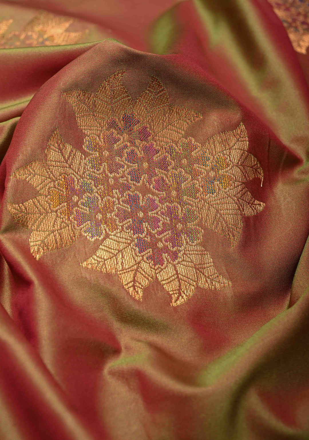 Parrot Green Dual Tone Kanchi Semi Silk Saree with Floral Meenakari Buttas and Contrst Zari Border
