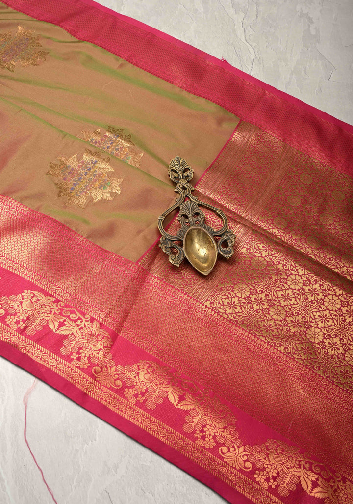 Parrot Green Dual Tone Kanchi Semi Silk Saree with Floral Meenakari Buttas and Contrst Zari Border