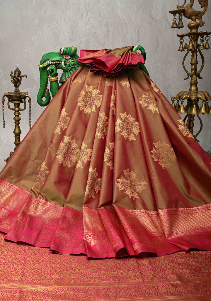 Parrot Green Dual Tone Kanchi Semi Silk Saree with Floral Meenakari Buttas and Contrst Zari Border
