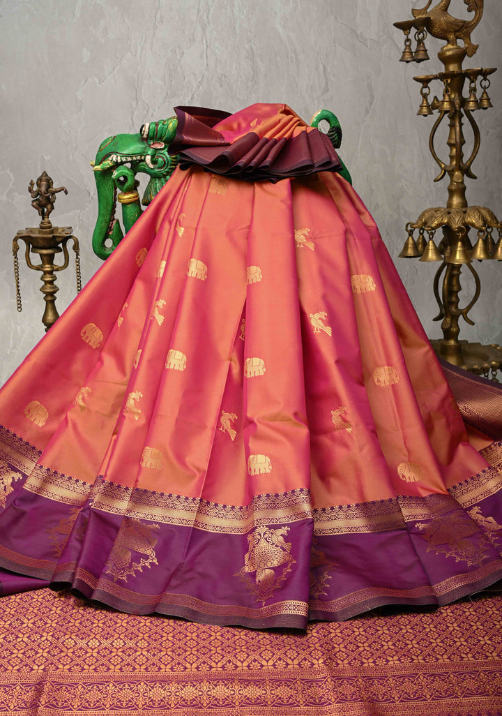 Mustard Pink  Dual Tone Kanchi Semi Silk Saree with Elephant-Peacock Buttas and Contrast Zari Border