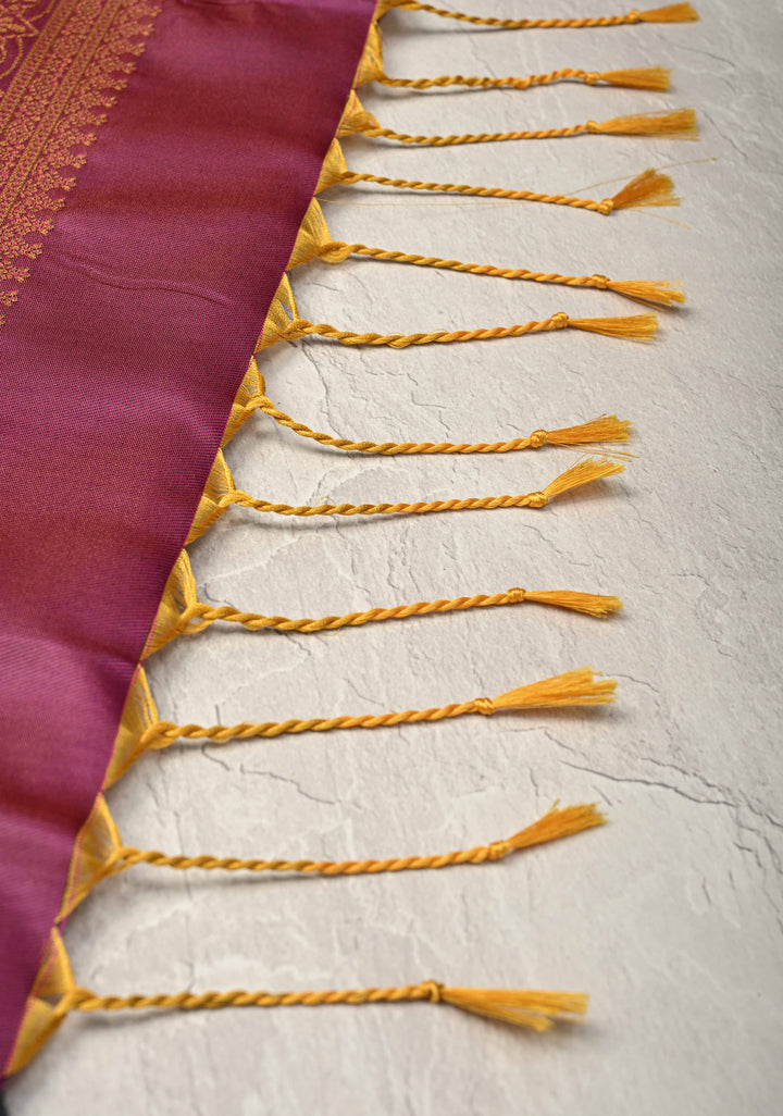 Mustard Pink  Dual Tone Kanchi Semi Silk Saree with Elephant-Peacock Buttas and Contrast Zari Border