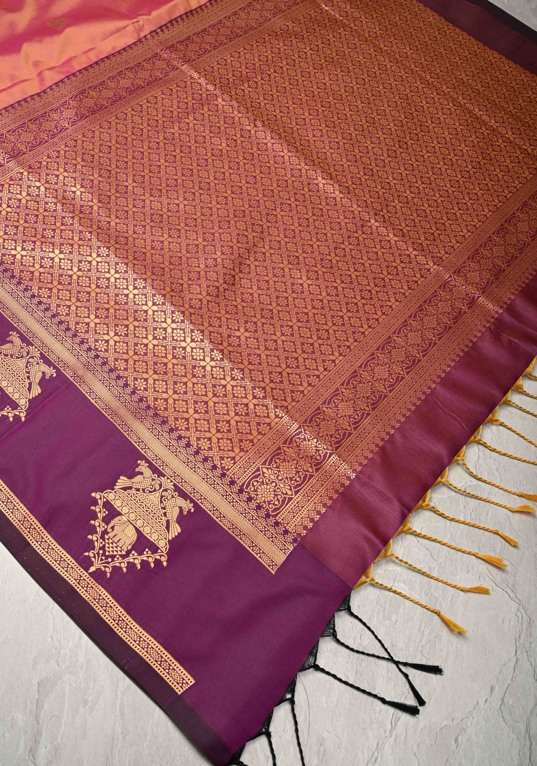 Mustard Pink  Dual Tone Kanchi Semi Silk Saree with Elephant-Peacock Buttas and Contrast Zari Border