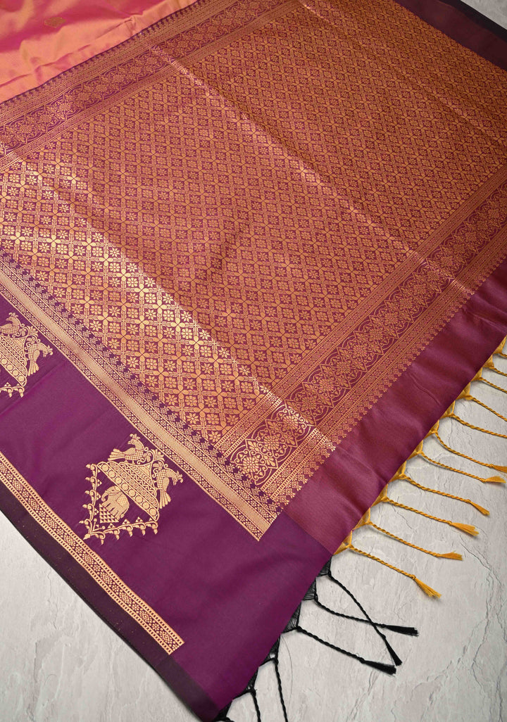 Mustard Pink  Dual Tone Kanchi Semi Silk Saree with Elephant-Peacock Buttas and Contrast Zari Border