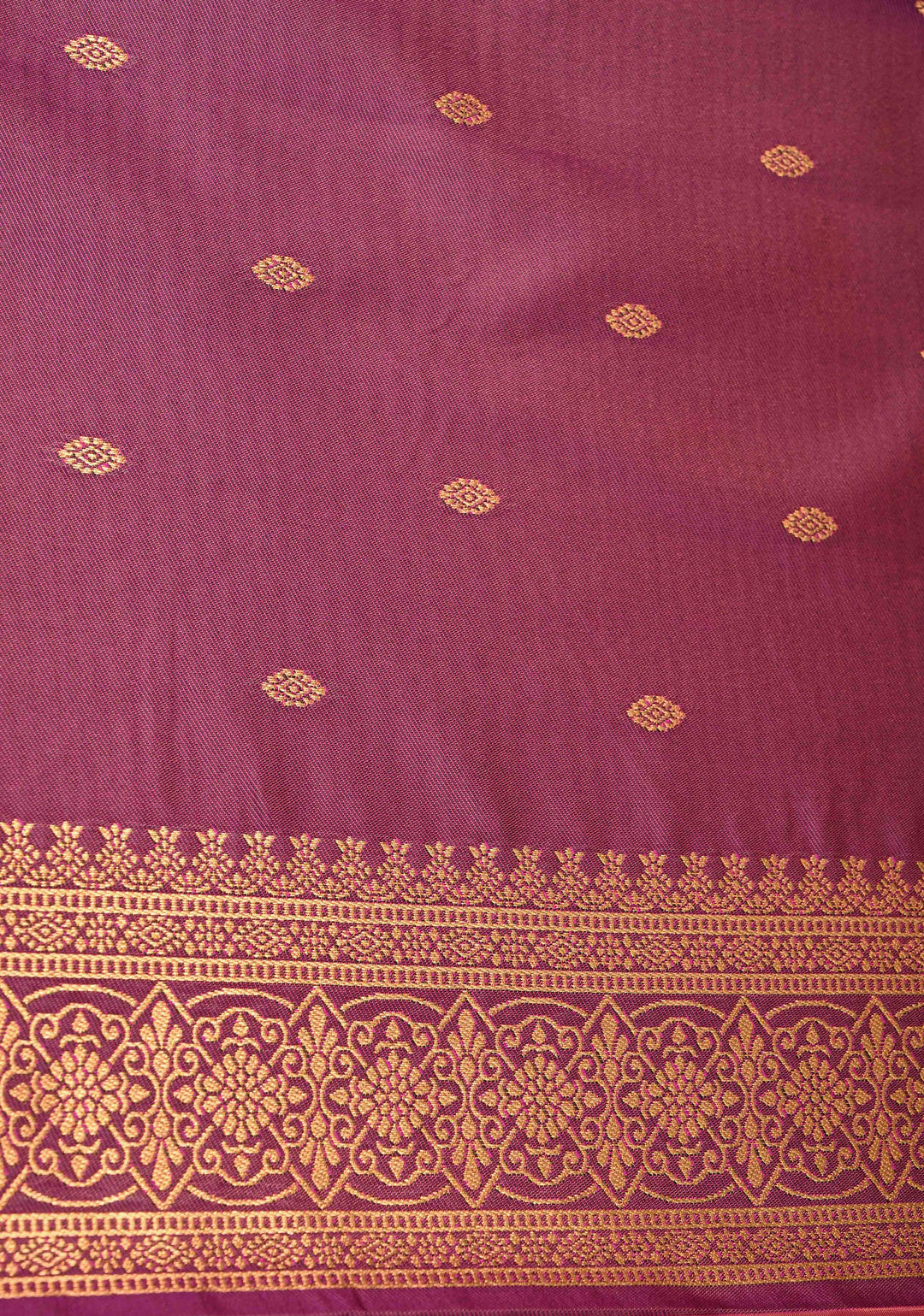 Mustard Pink  Dual Tone Kanchi Semi Silk Saree with Elephant-Peacock Buttas and Contrast Zari Border