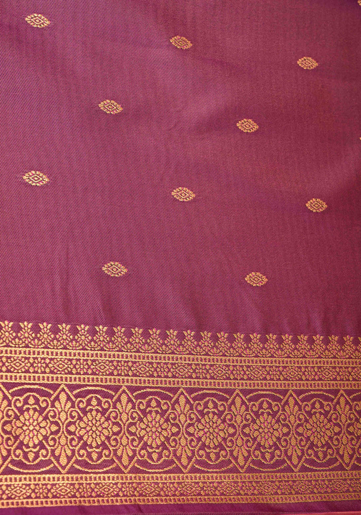 Mustard Pink  Dual Tone Kanchi Semi Silk Saree with Elephant-Peacock Buttas and Contrast Zari Border
