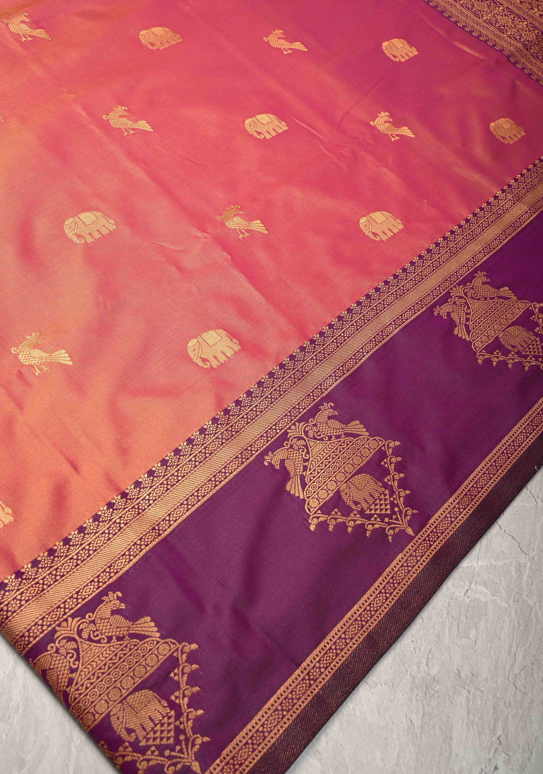 Mustard Pink  Dual Tone Kanchi Semi Silk Saree with Elephant-Peacock Buttas and Contrast Zari Border