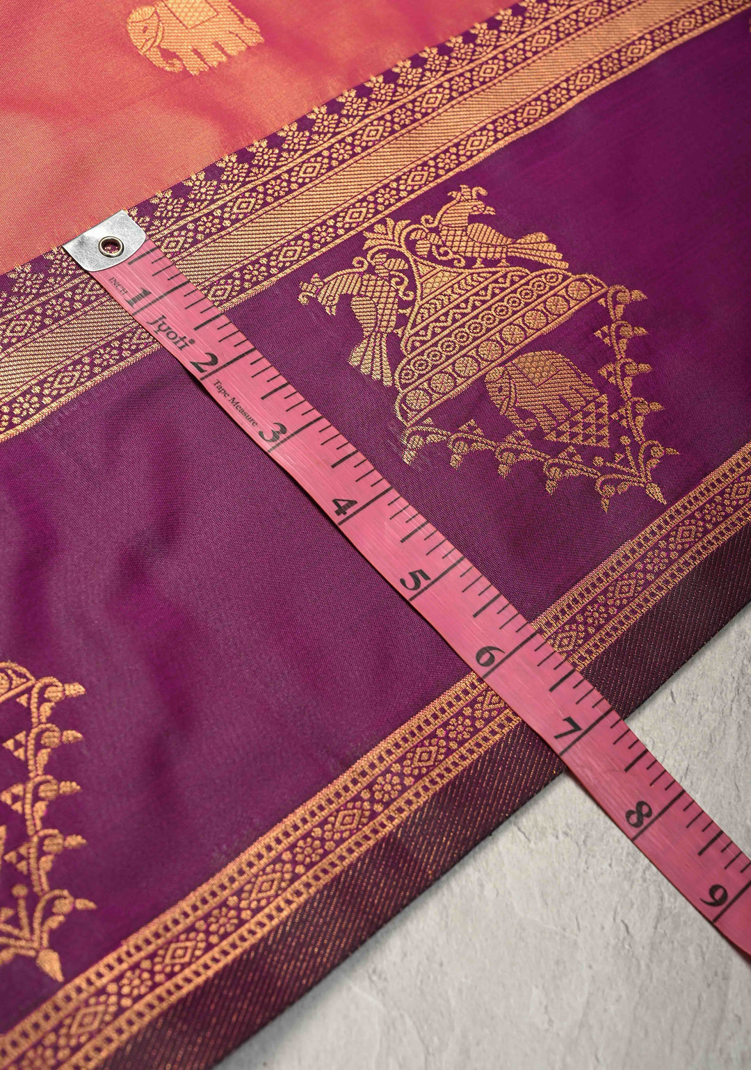 Mustard Pink  Dual Tone Kanchi Semi Silk Saree with Elephant-Peacock Buttas and Contrast Zari Border