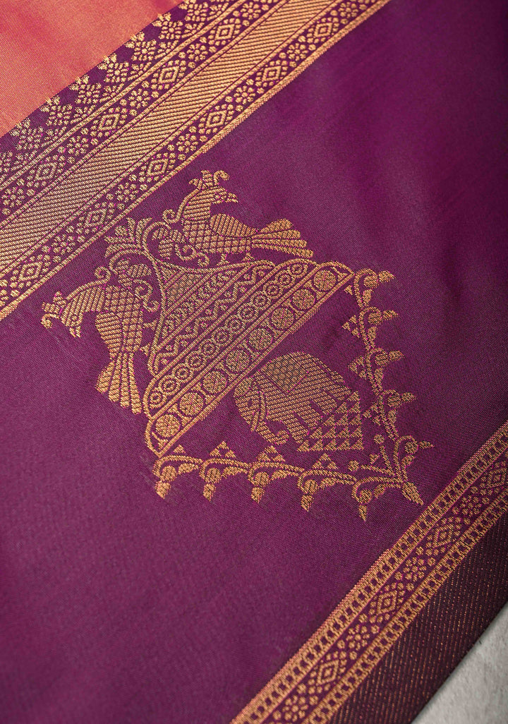 Mustard Pink  Dual Tone Kanchi Semi Silk Saree with Elephant-Peacock Buttas and Contrast Zari Border