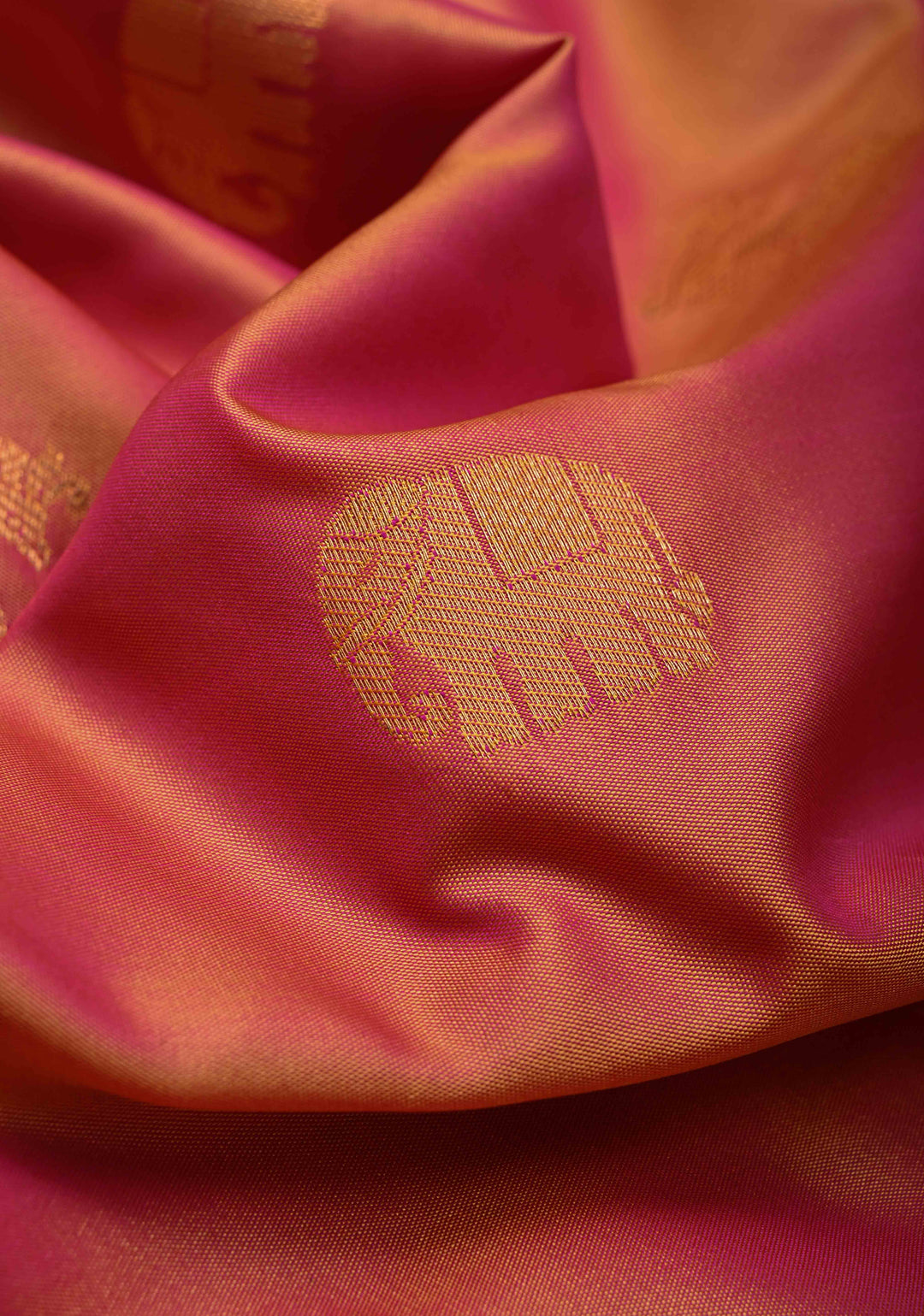 Mustard Pink  Dual Tone Kanchi Semi Silk Saree with Elephant-Peacock Buttas and Contrast Zari Border