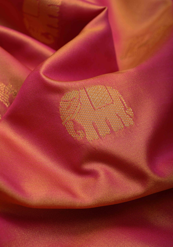 Mustard Pink  Dual Tone Kanchi Semi Silk Saree with Elephant-Peacock Buttas and Contrast Zari Border