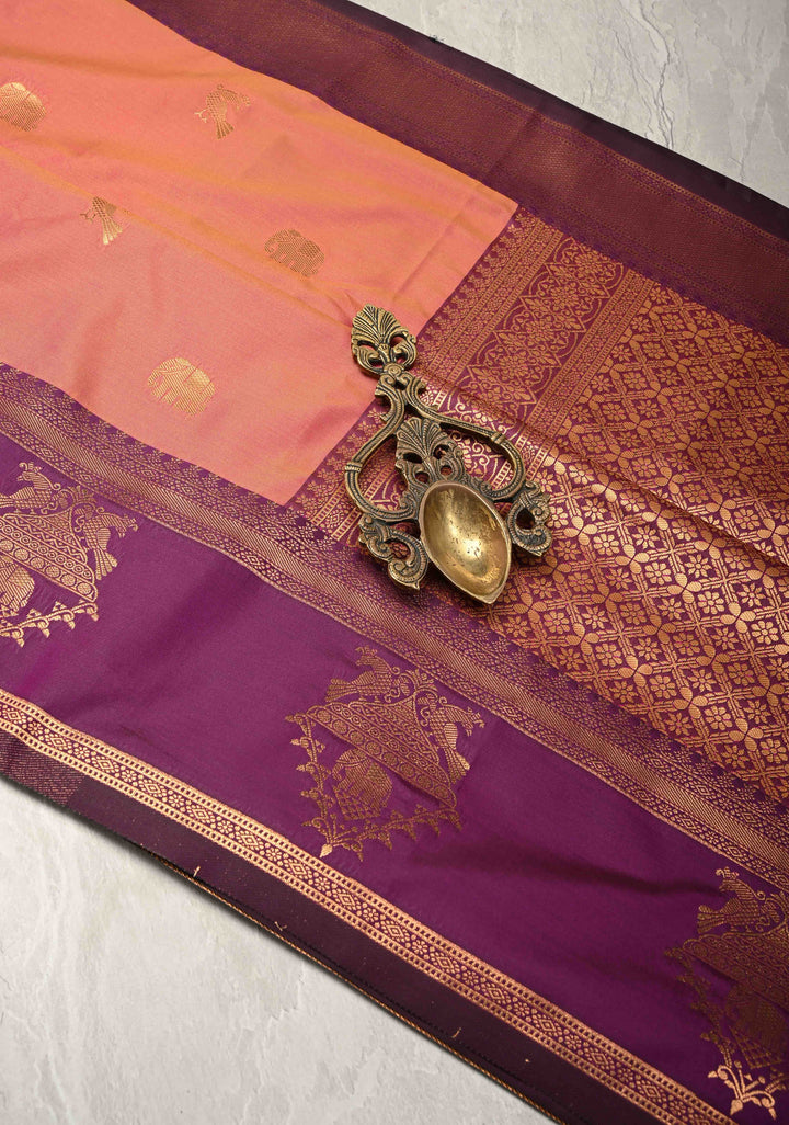 Mustard Pink  Dual Tone Kanchi Semi Silk Saree with Elephant-Peacock Buttas and Contrast Zari Border
