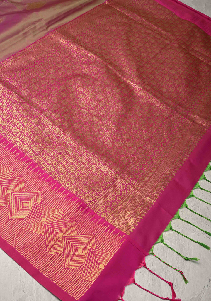 Green-Pink Dual Tone Kanchi Semi Silk Saree with Zari Buttas and Contrst Zari Border