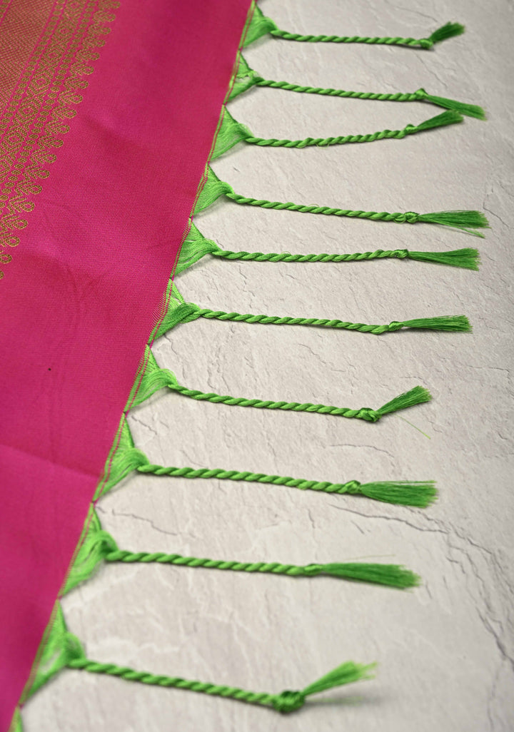 Green-Pink Dual Tone Kanchi Semi Silk Saree with Zari Buttas and Contrst Zari Border