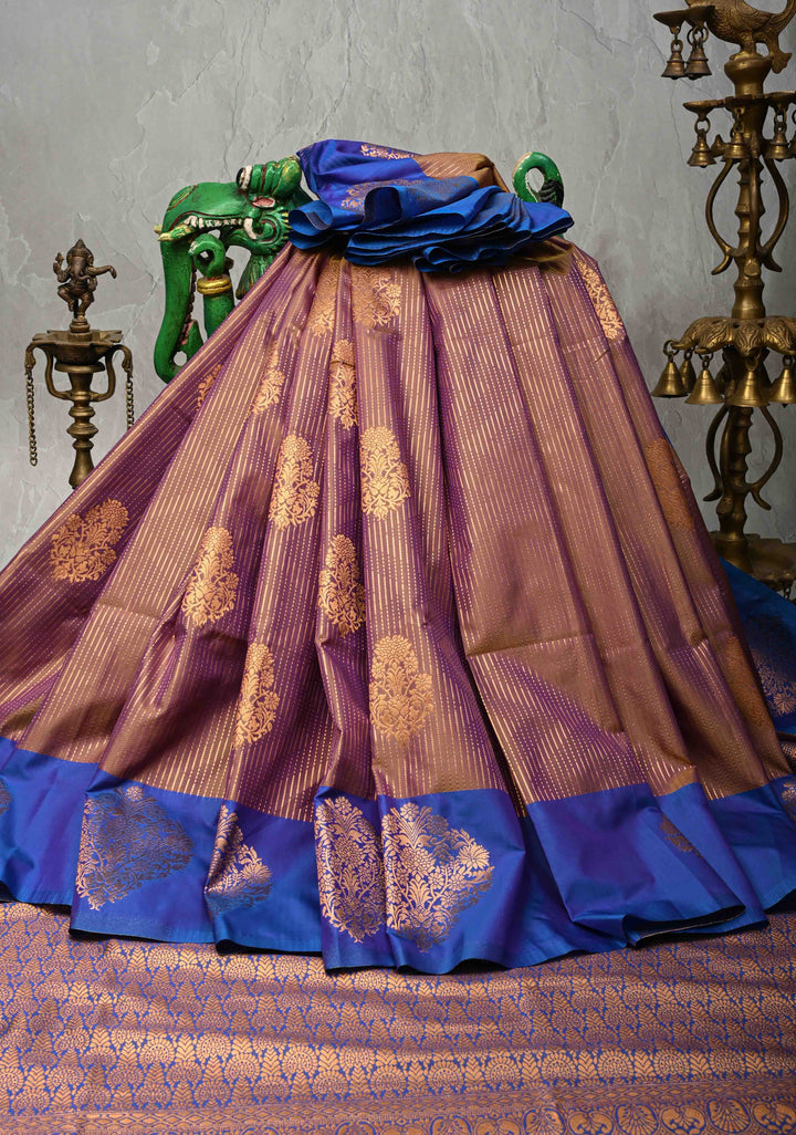 Lilac Dual Tone Kanchi Semi Silk Saree with Vertical Stripes Zari Buttas  and Contrst Zari Border