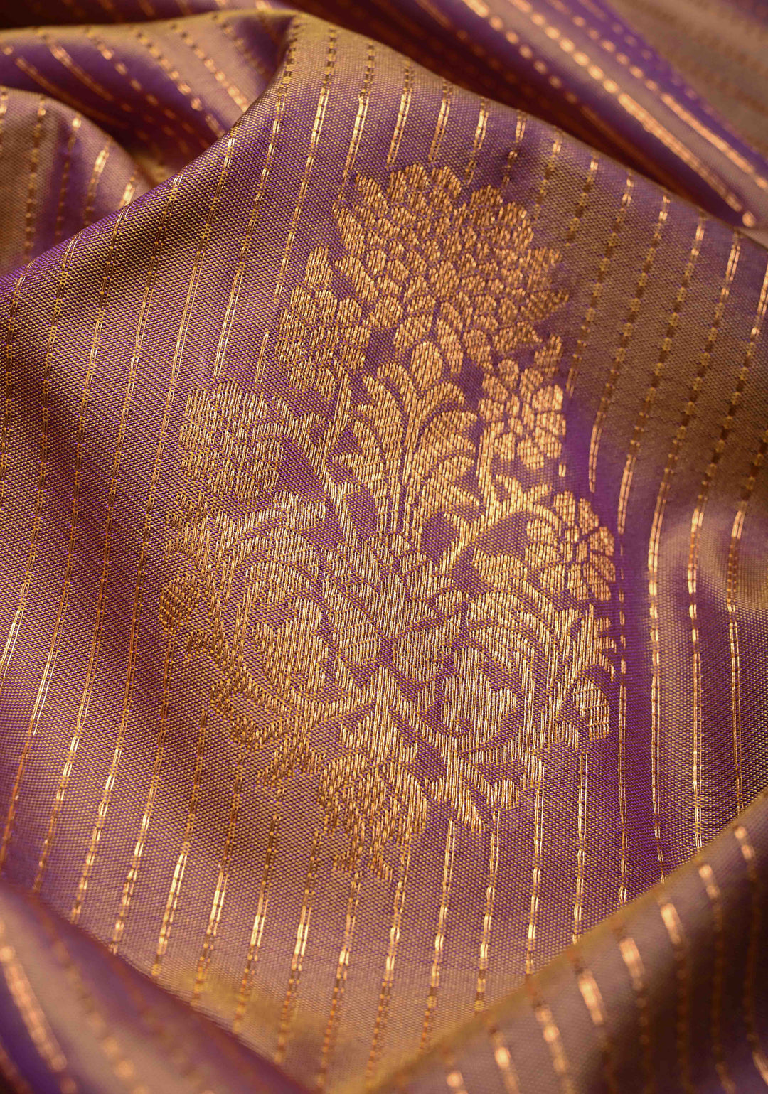 Lilac Dual Tone Kanchi Semi Silk Saree with Vertical Stripes Zari Buttas  and Contrst Zari Border