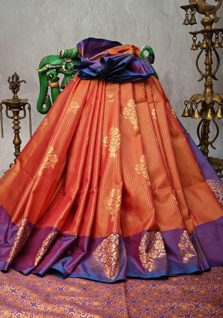 Sunset Orange Dual Tone Kanchi Semi Silk Saree with Vertical Stripes Zari Buttas  and Contrst Zari Border