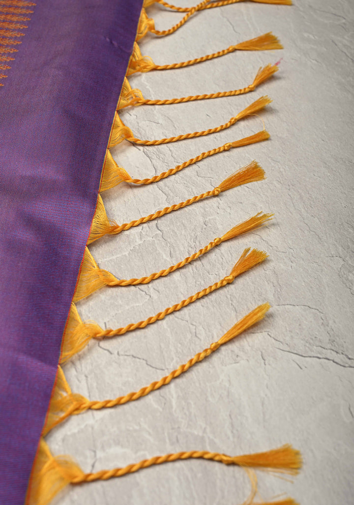 Sunset Orange Dual Tone Kanchi Semi Silk Saree with Vertical Stripes Zari Buttas  and Contrst Zari Border