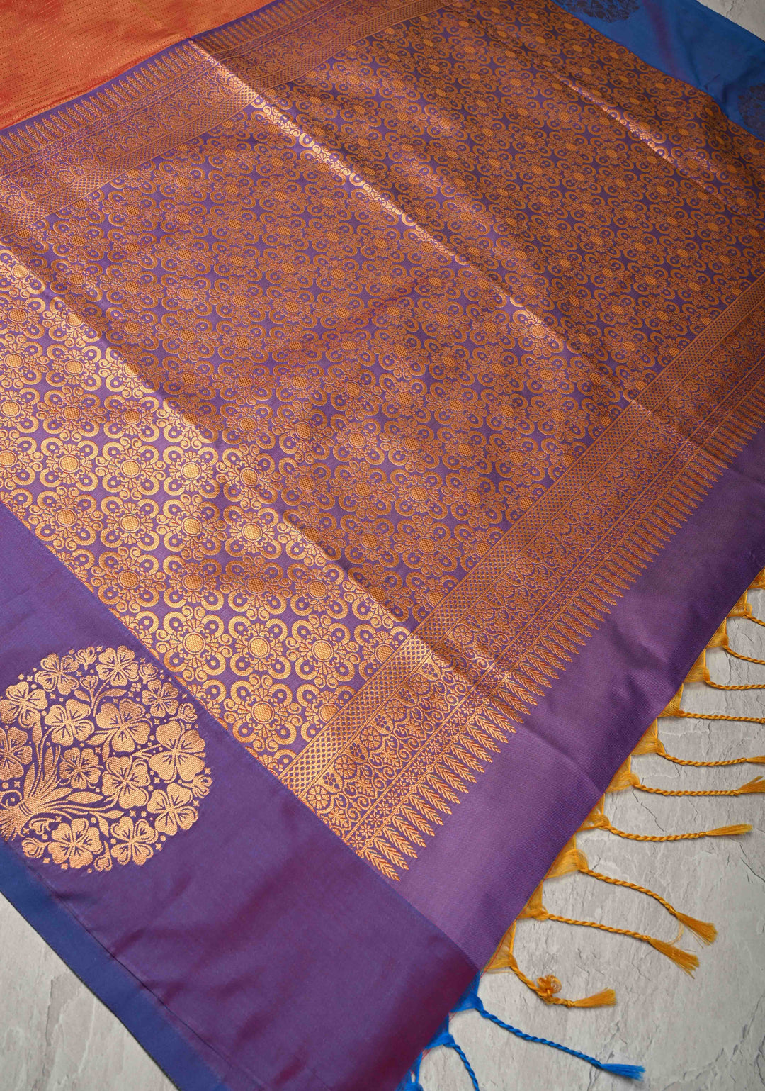 Sunset Orange Dual Tone Kanchi Semi Silk Saree with Vertical Stripes Zari Buttas  and Contrst Zari Border
