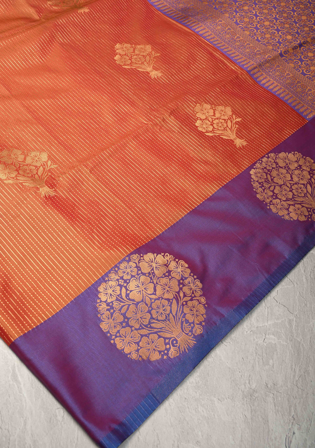 Sunset Orange Dual Tone Kanchi Semi Silk Saree with Vertical Stripes Zari Buttas  and Contrst Zari Border
