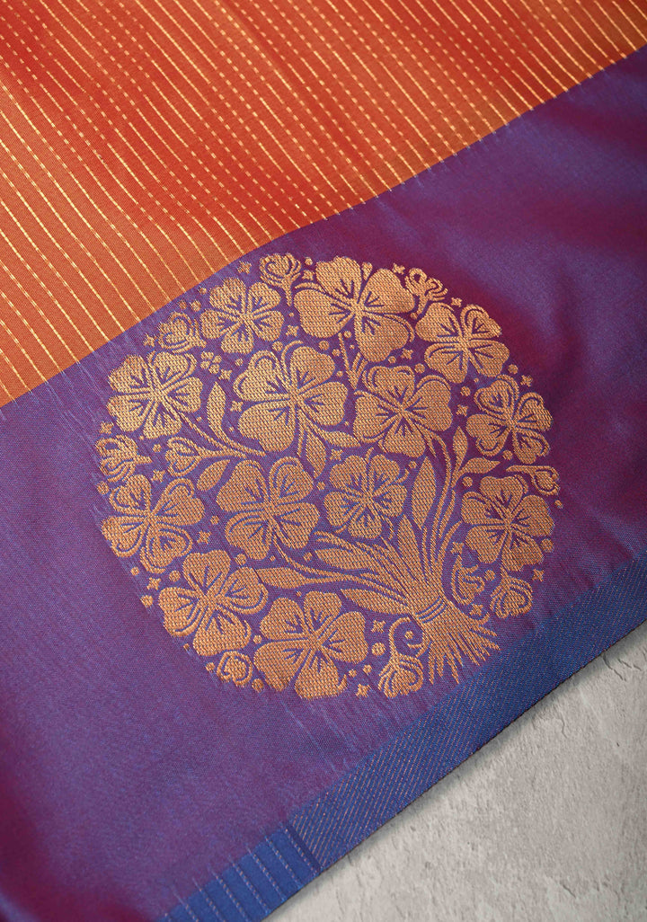 Sunset Orange Dual Tone Kanchi Semi Silk Saree with Vertical Stripes Zari Buttas  and Contrst Zari Border
