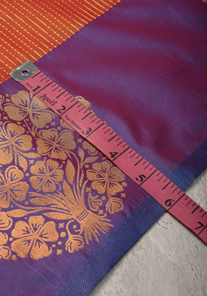Sunset Orange Dual Tone Kanchi Semi Silk Saree with Vertical Stripes Zari Buttas  and Contrst Zari Border