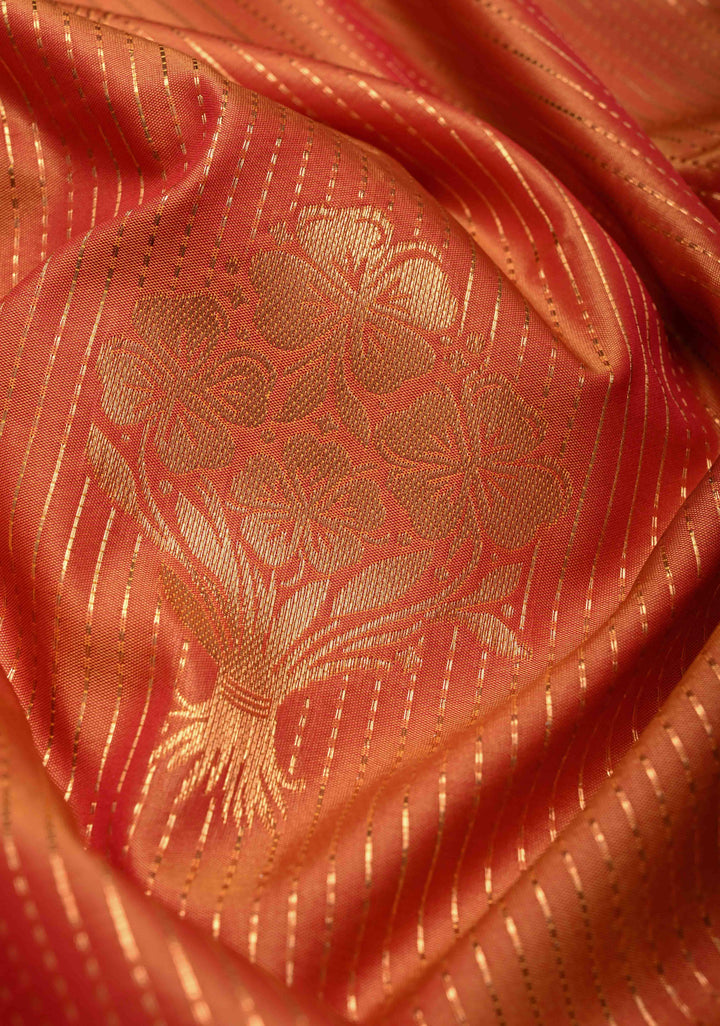 Sunset Orange Dual Tone Kanchi Semi Silk Saree with Vertical Stripes Zari Buttas  and Contrst Zari Border