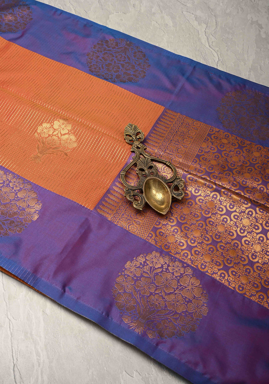 Sunset Orange Dual Tone Kanchi Semi Silk Saree with Vertical Stripes Zari Buttas  and Contrst Zari Border