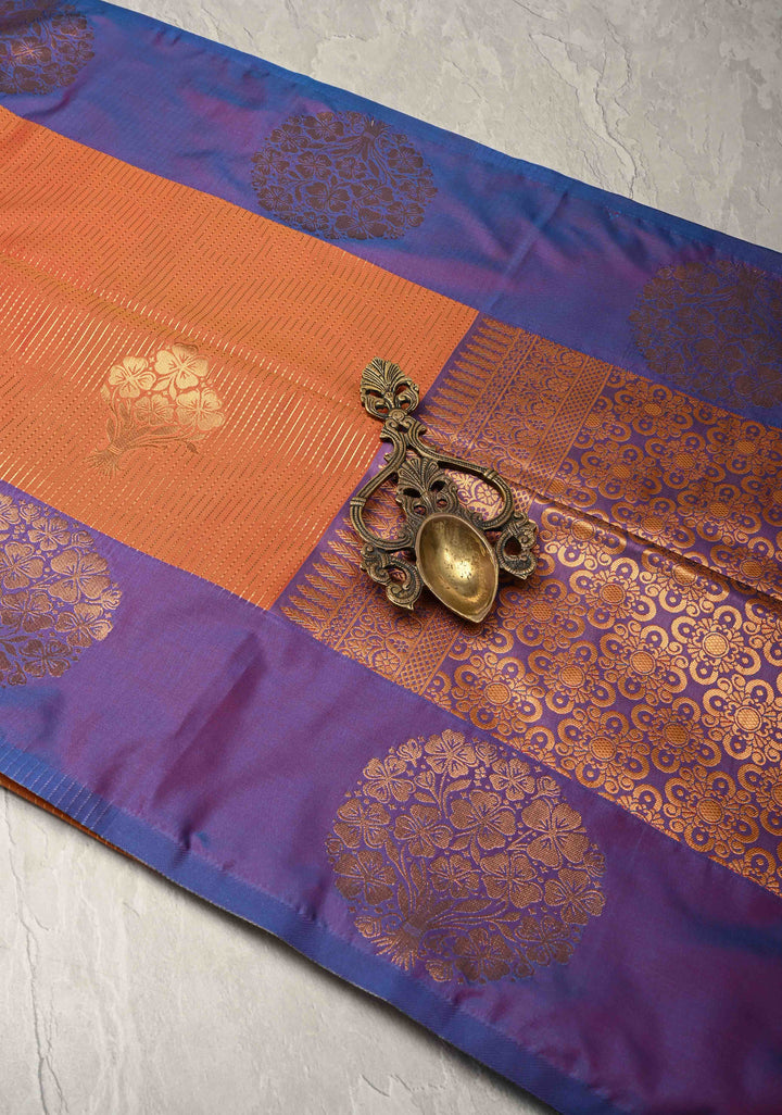 Sunset Orange Dual Tone Kanchi Semi Silk Saree with Vertical Stripes Zari Buttas  and Contrst Zari Border