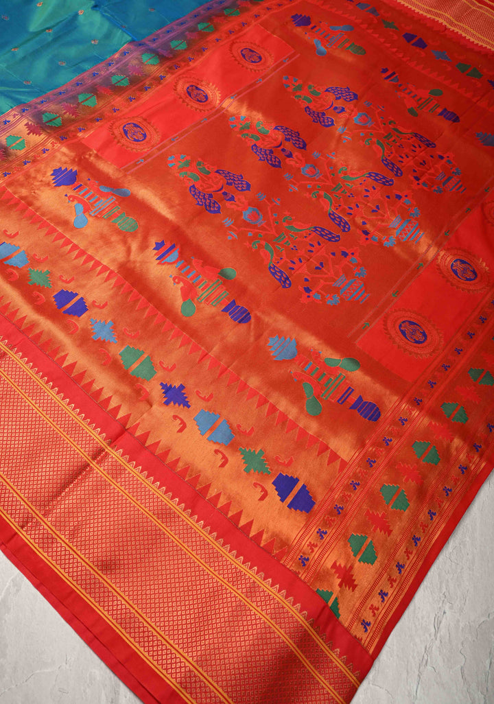 Peacock Blue Dual Tone Semi Paithani Silk Saree with Meenakari Buttas, Pallu and Zari Border