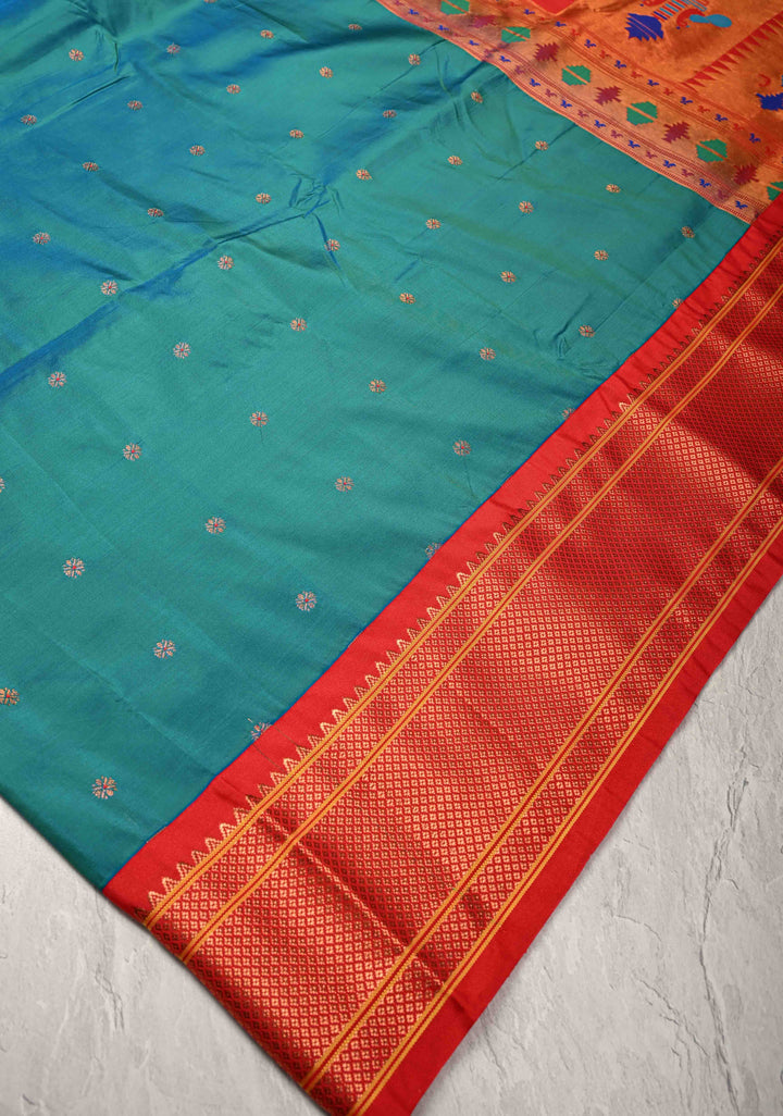Peacock Blue Dual Tone Semi Paithani Silk Saree with Meenakari Buttas, Pallu and Zari Border
