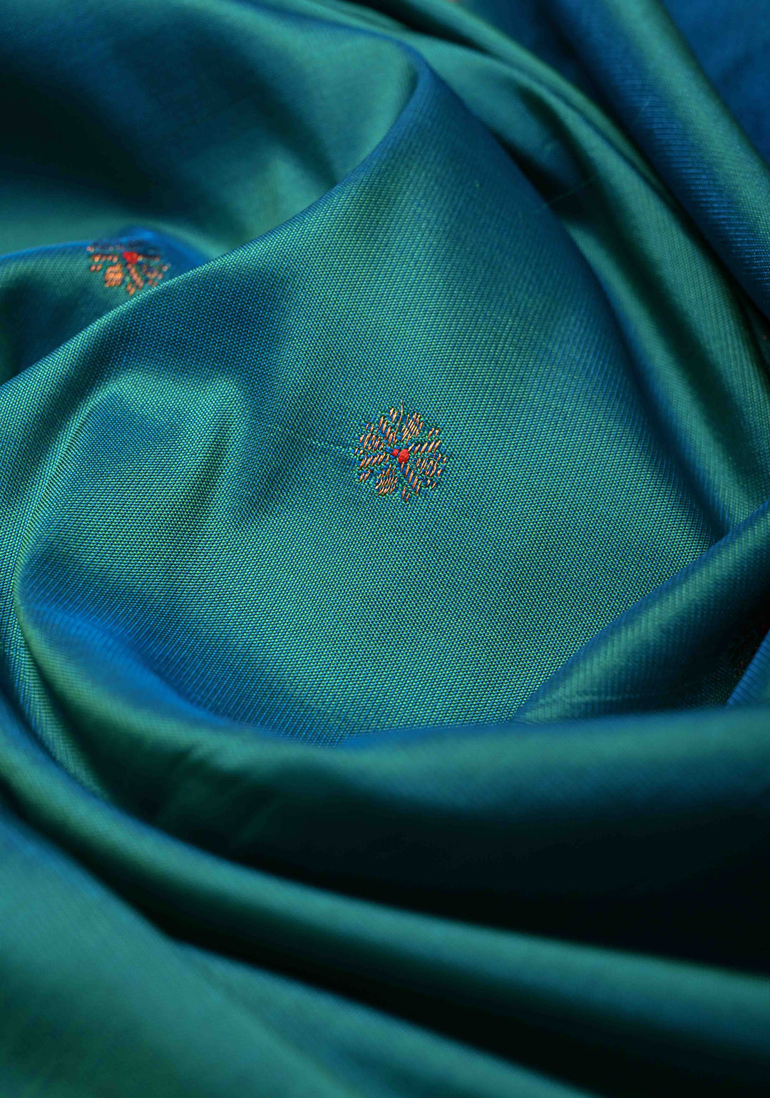 Peacock Blue Dual Tone Semi Paithani Silk Saree with Meenakari Buttas, Pallu and Zari Border