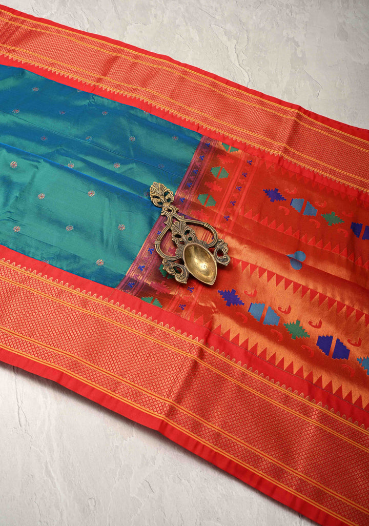Peacock Blue Dual Tone Semi Paithani Silk Saree with Meenakari Buttas, Pallu and Zari Border