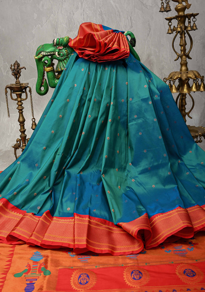 Peacock Blue Dual Tone Semi Paithani Silk Saree with Meenakari Buttas, Pallu and Zari Border