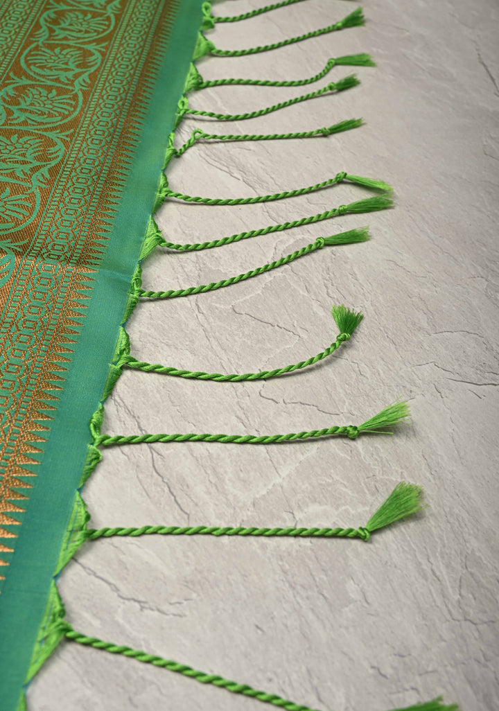 Henna Green Dual Tone Kanchi Semi Silk Saree with Vertical Stripes Meenakari Buttas and Zari Border