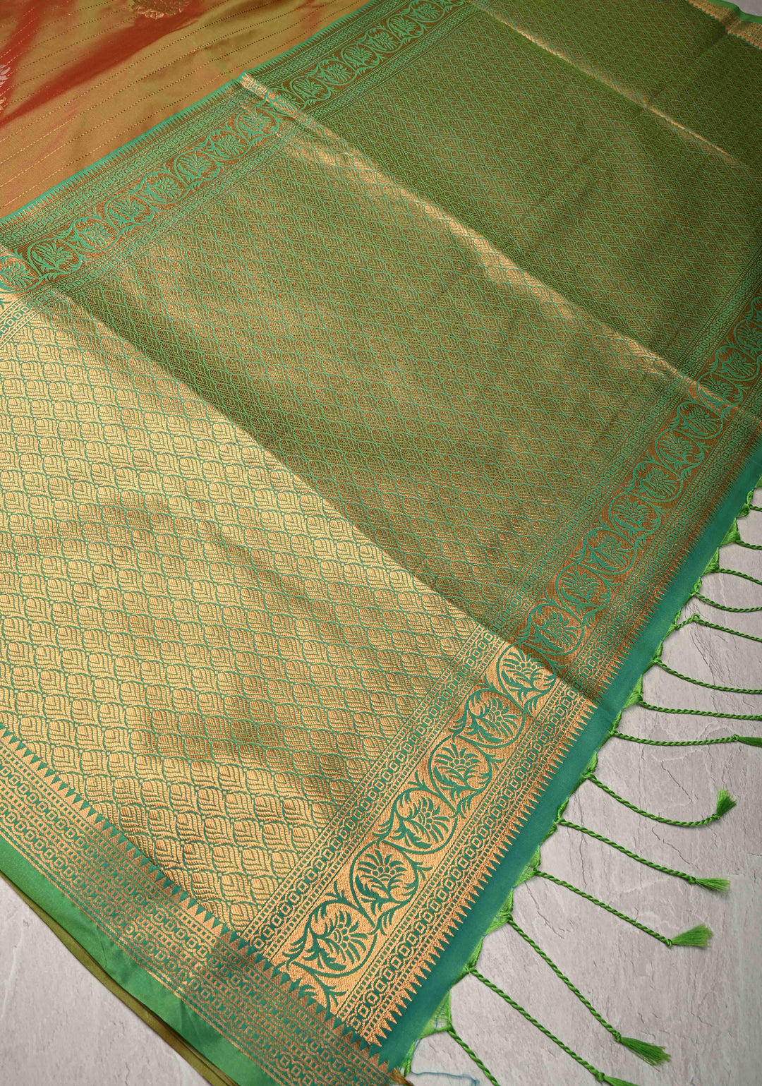 Henna Green Dual Tone Kanchi Semi Silk Saree with Vertical Stripes Meenakari Buttas and Zari Border
