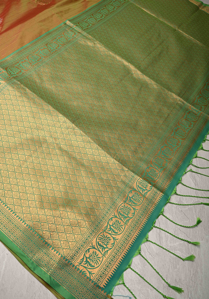 Henna Green Dual Tone Kanchi Semi Silk Saree with Vertical Stripes Meenakari Buttas and Zari Border