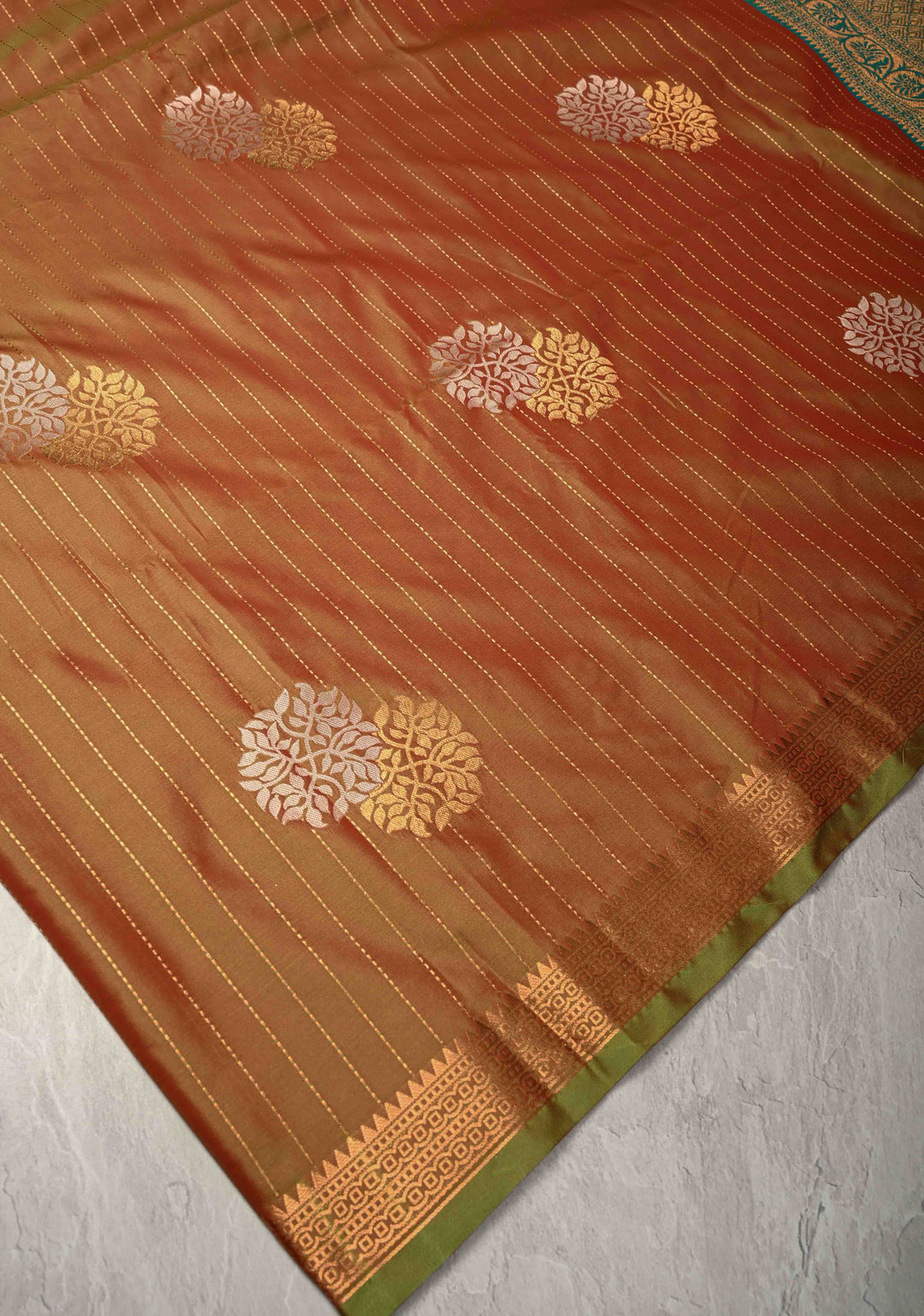 Henna Green Dual Tone Kanchi Semi Silk Saree with Vertical Stripes Meenakari Buttas and Zari Border