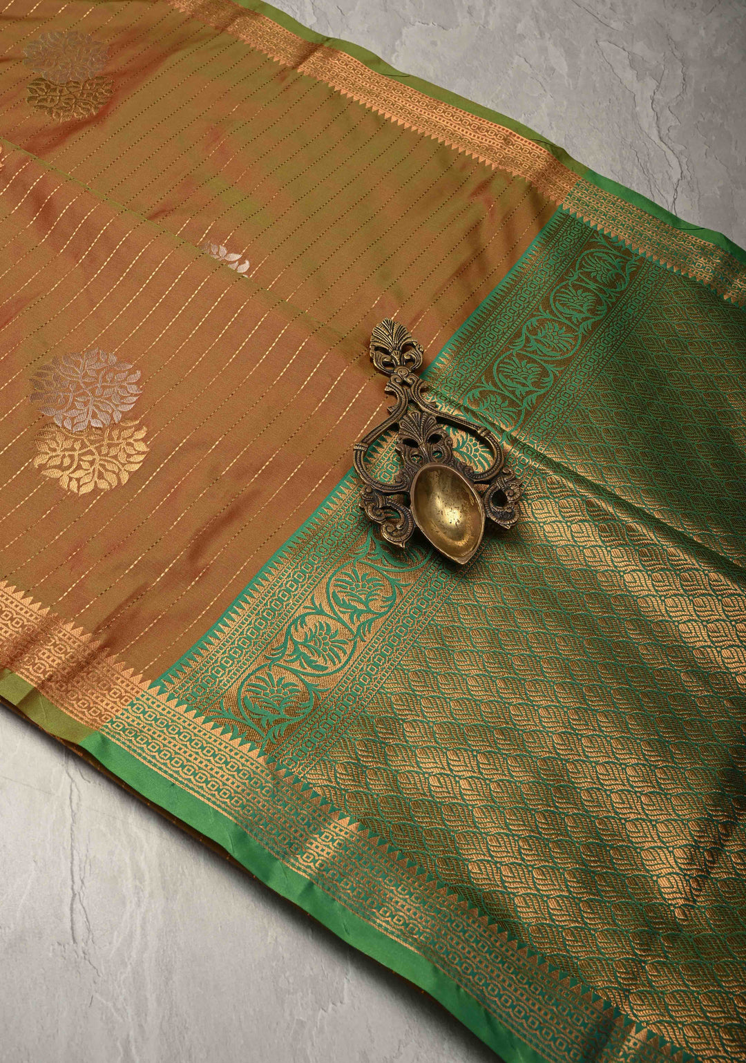 Henna Green Dual Tone Kanchi Semi Silk Saree with Vertical Stripes Meenakari Buttas and Zari Border
