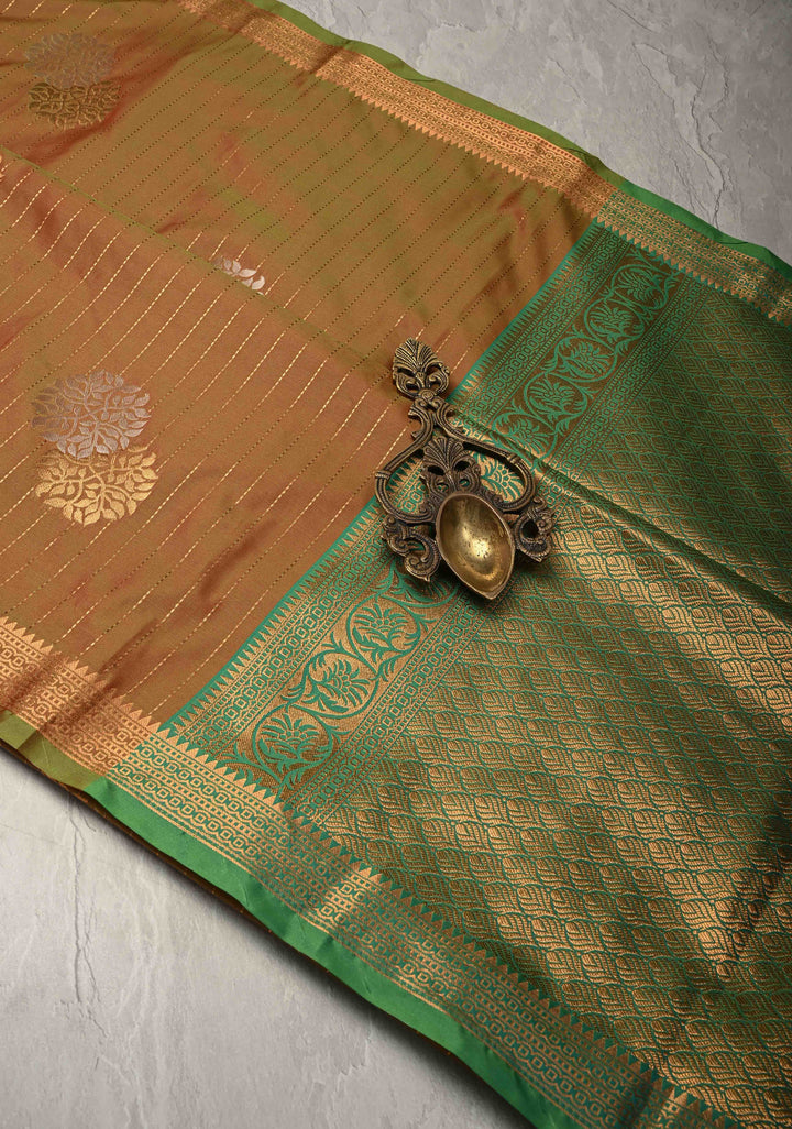 Henna Green Dual Tone Kanchi Semi Silk Saree with Vertical Stripes Meenakari Buttas and Zari Border
