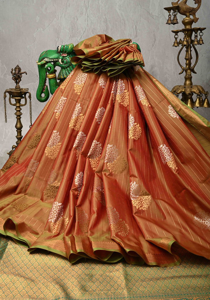 Henna Green Dual Tone Kanchi Semi Silk Saree with Vertical Stripes Meenakari Buttas and Zari Border