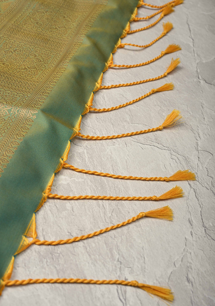 Brown Dual tone Kanchi Semi Silk Saree with Paisley Zari Buttas and Geomatric Motifs on Border