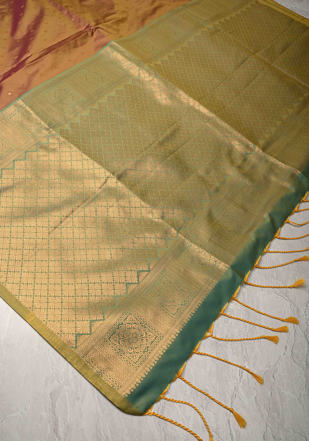 Brown Dual tone Kanchi Semi Silk Saree with Paisley Zari Buttas and Geomatric Motifs on Border