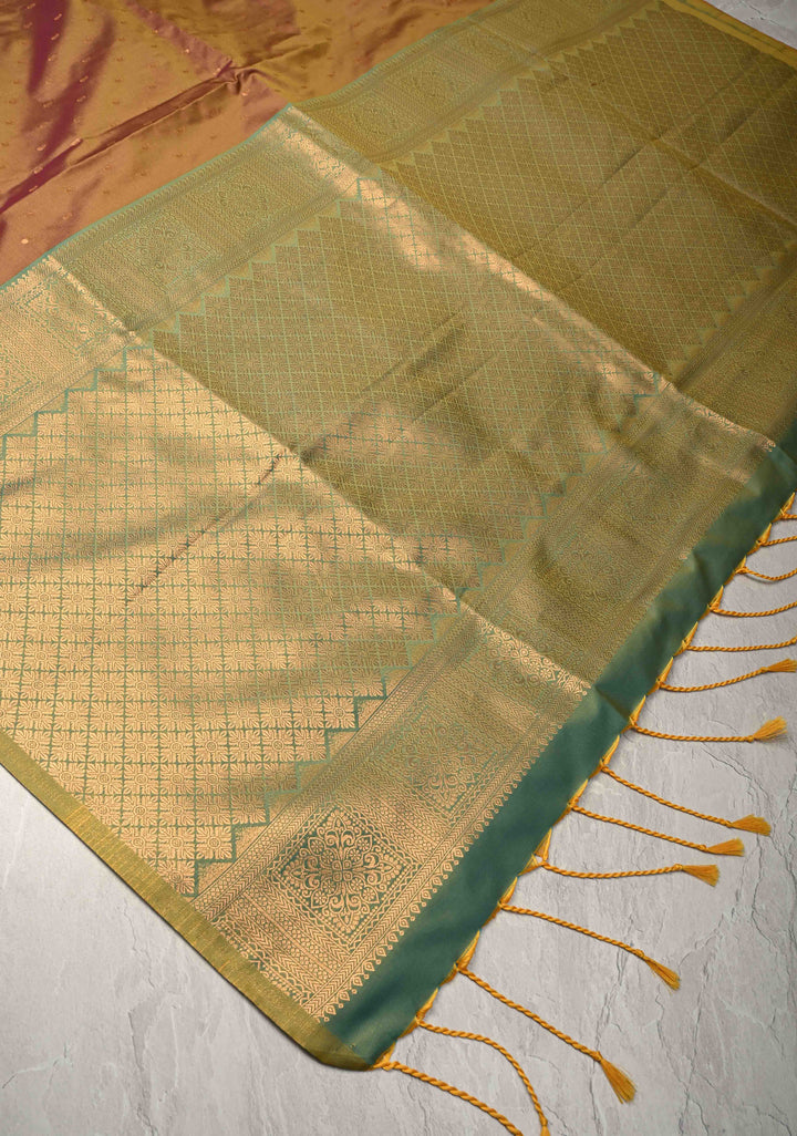 Brown Dual tone Kanchi Semi Silk Saree with Paisley Zari Buttas and Geomatric Motifs on Border