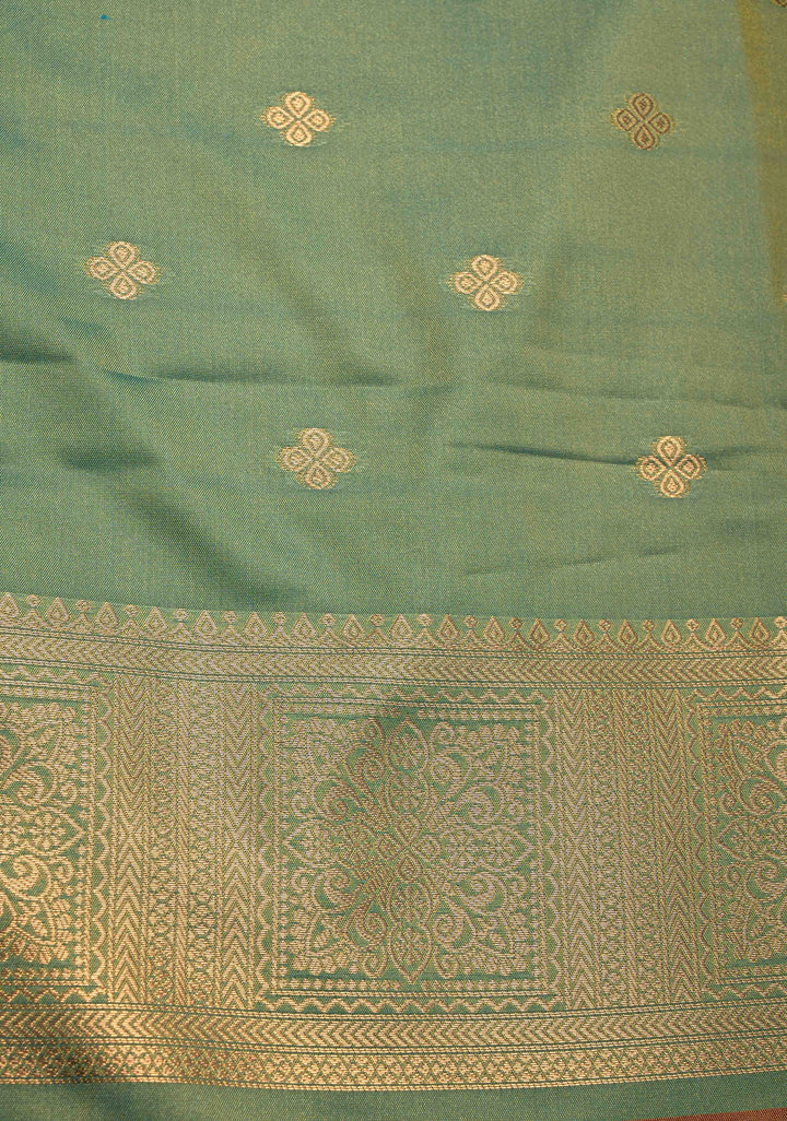 Brown Dual tone Kanchi Semi Silk Saree with Paisley Zari Buttas and Geomatric Motifs on Border