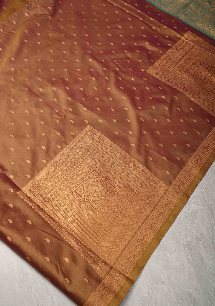 Brown Dual tone Kanchi Semi Silk Saree with Paisley Zari Buttas and Geomatric Motifs on Border